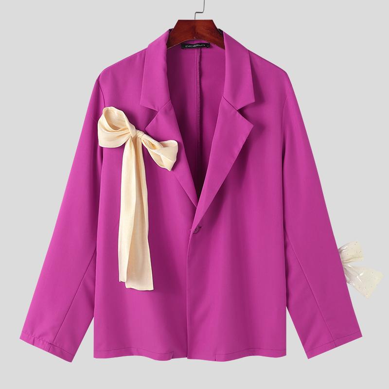 

INCERUN Мужской пиджак с заостренными лацканами и длинным рукавом на одной пуговице, повседневный пиджак с бантом 5XL ярко-розовый