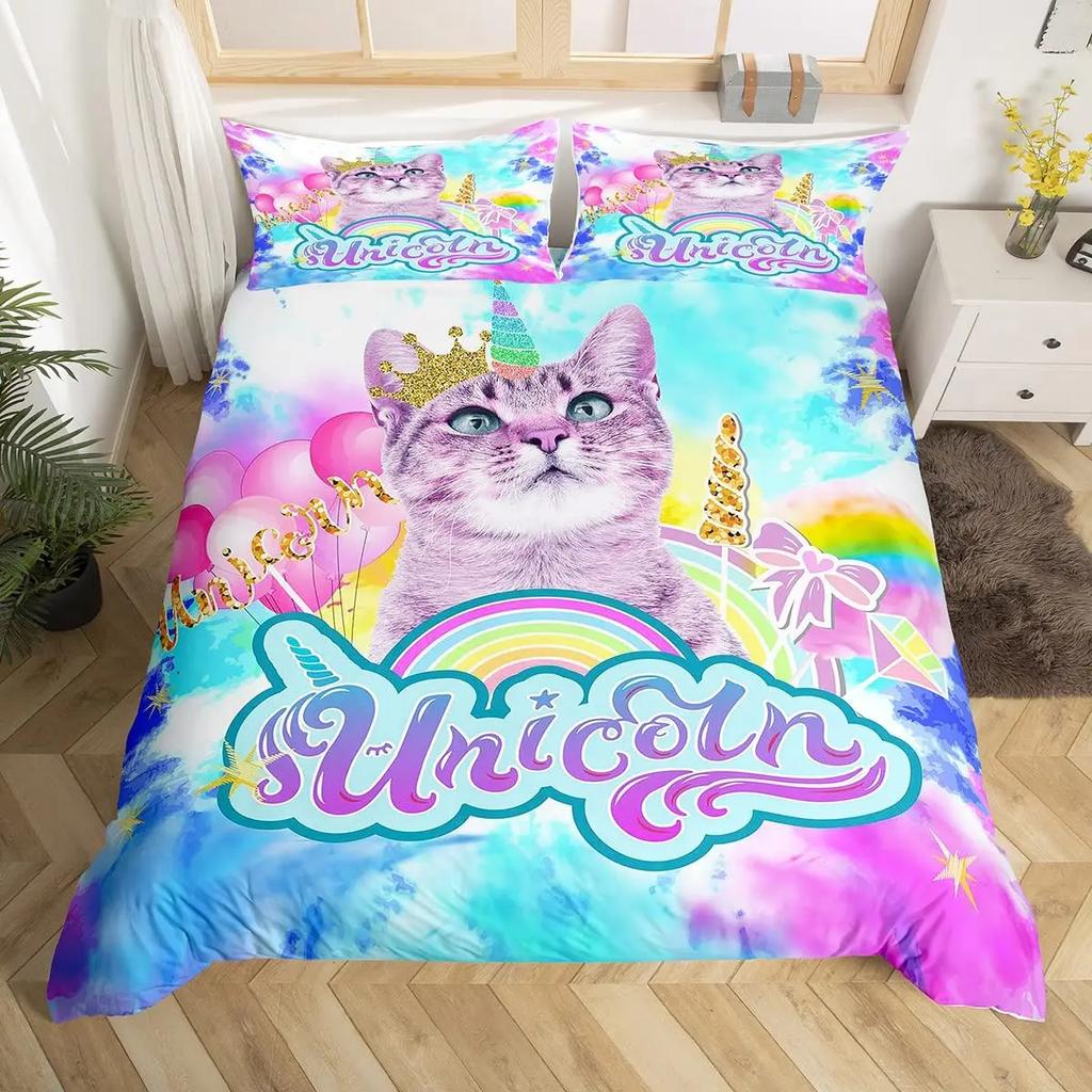 3D Digital Printing 2/3Pc Animal Cat Pattern Quilt Cover Pillowcase Double Bed Set Cover Quilt Soft Microfiber Bedding Set