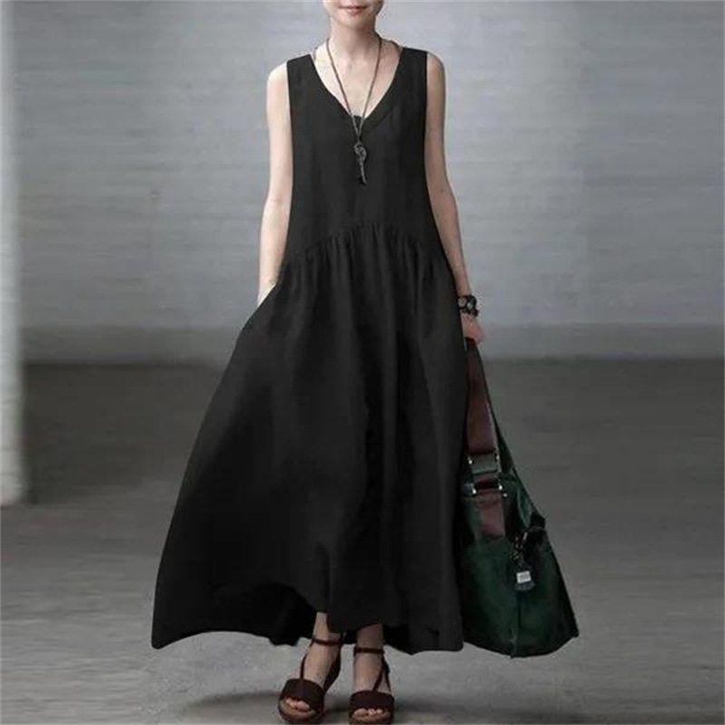 

2025 New Cross-Border Summer Women s Long Dress, Loose Pleated Fashion Sleeveless Solid Color Tank Top Cotton and Linen Dress Black XL