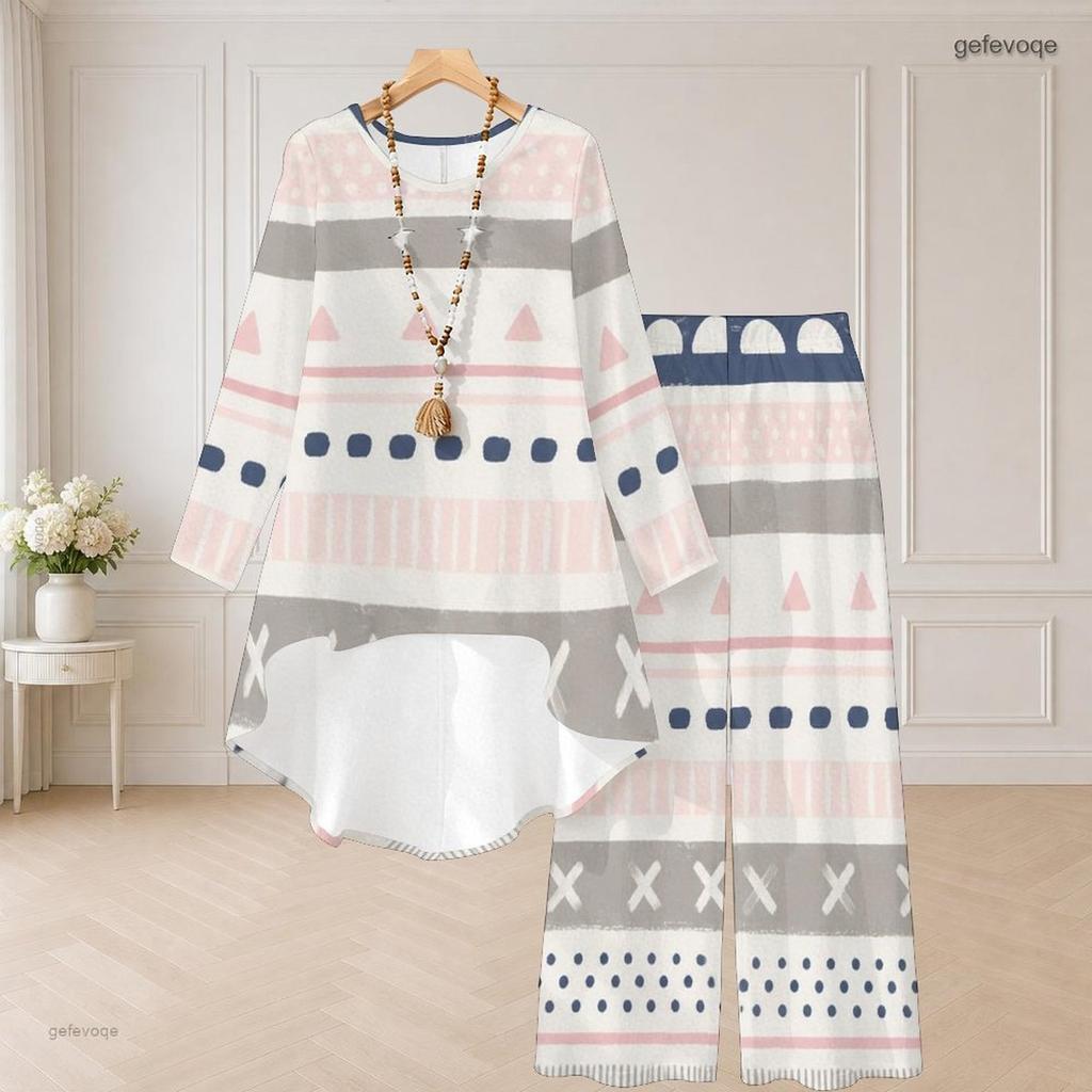 Women Plus Size Round Neck Long Sleeve Printed High Low Top Wide Leg Pants Two Piece Set