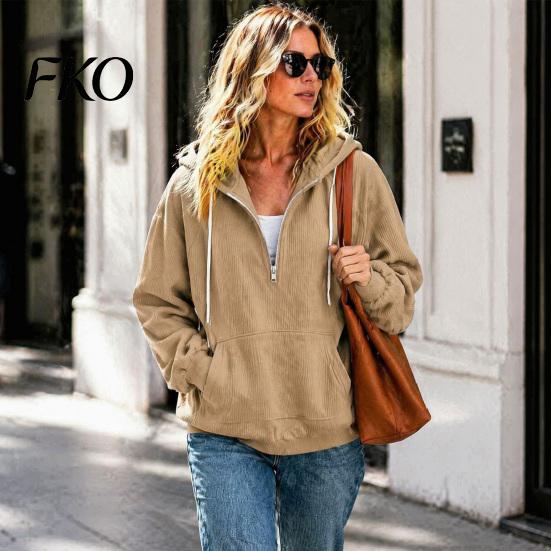 Comfortable Loungewear Top Womens Quarter Zip Hoodie, Oversized Loose Fit Long Sleeve Sweatshirt with Full Corduroy Hoodie Drawstring Hood Kangaroo