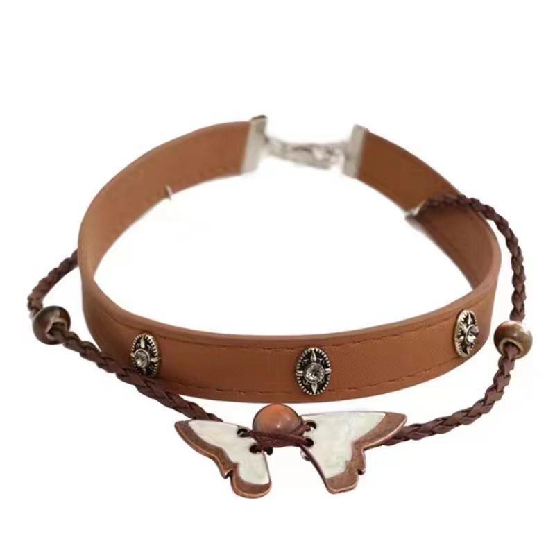 American retro double stacked leather butterfly necklace female sweet spice neck chain choker coffee collarbone chain jewelry