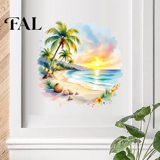 Arte da Parete Scena Balneare per Soggiorno Tramonto Palma Costa Adesivo, Adesivo Paesaggio Estivo Acquerello, Adesivo Cocco Camera da Letto Tropicale per Bambini