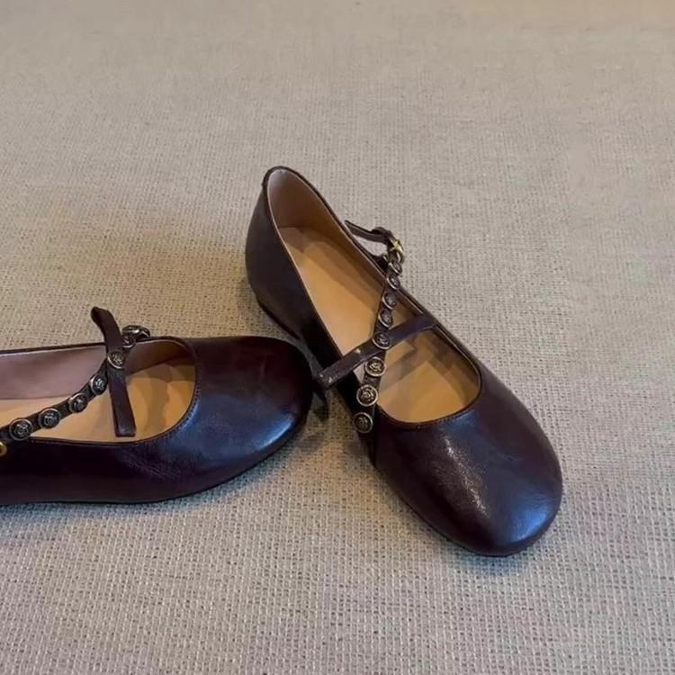 Sheepskin version~ French retro shallow mouth one-word buckle bow single shoes flat leather one-pedal Mary Jane shoes women