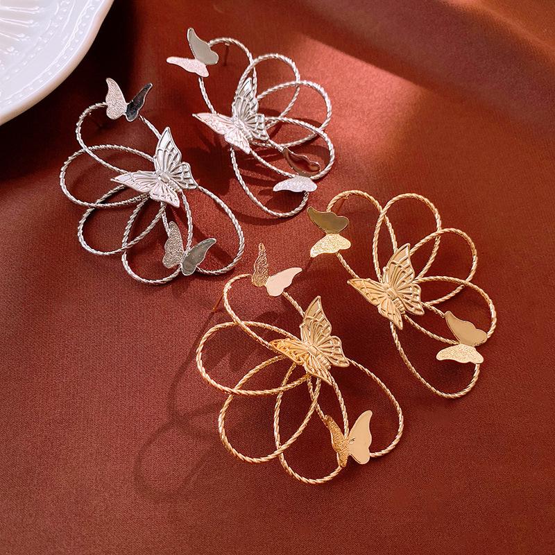 Metallic line flower butterfly silver needle stud earrings temperament geometric earrings