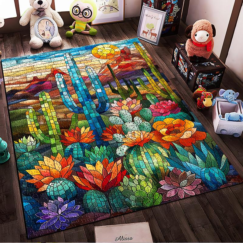 Colorful Stained Glass Style Cactus and Floral Design Carpet Rug Suitable for use as an anti-slip for living room bedroom sofas