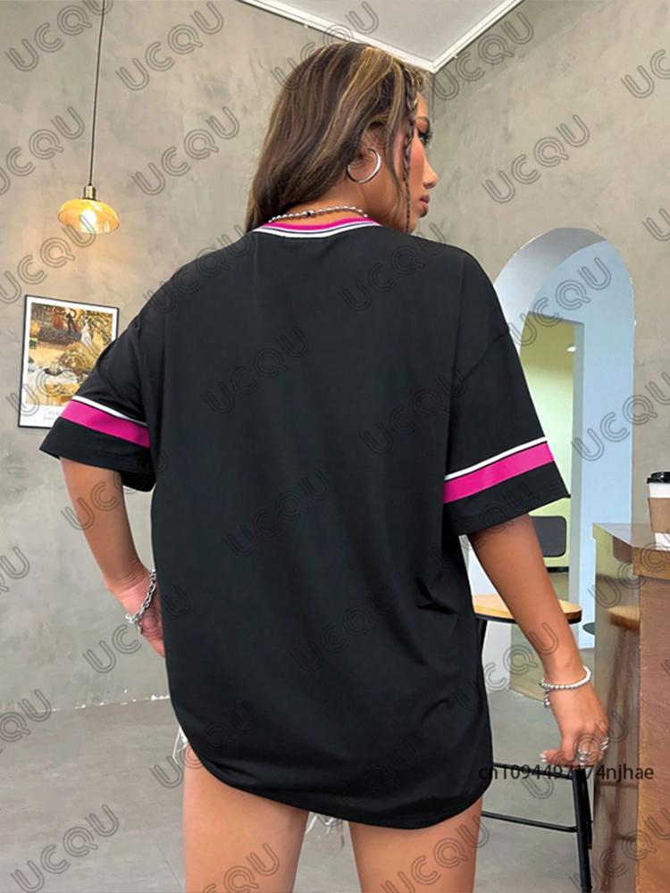 Summer New Los Angeles 91 Print T-Shirt For Women V-Neck Patchwork Short Sleeve Sports Football Jersey Y2K Loose Oversized Tops