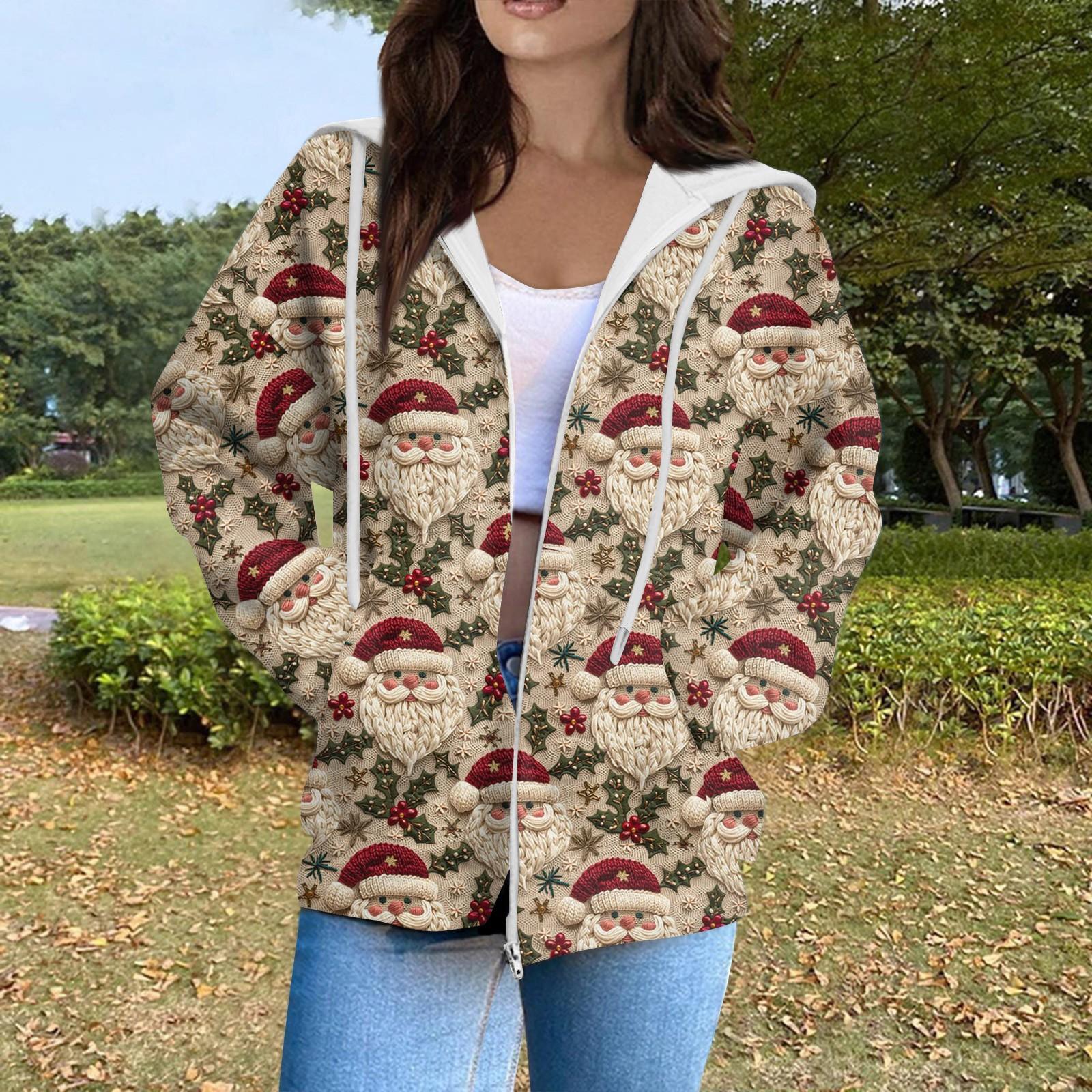 

Женская мода повседневный длинный рукав рождественский принт кардиган пальто с карманом на молнии M коричневый