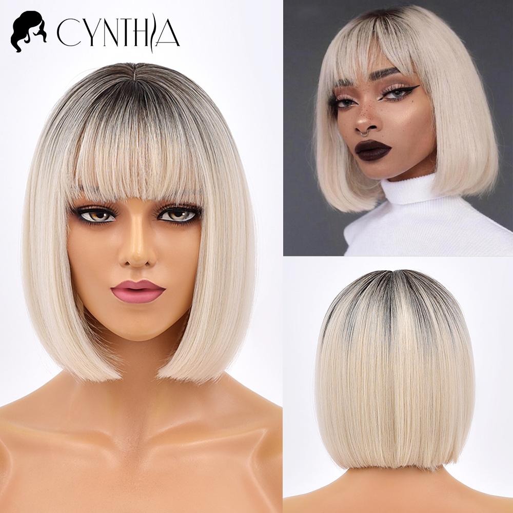 Green Short Bob Hair Synthetic Wig For Woman With Bangs Blonde Ombre Pink Cosplay Lolita Party Heat Resistant Daily Natural Hair