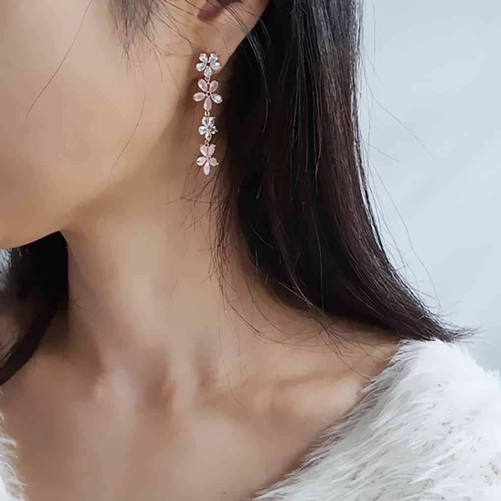 Women's 92.5 Silver Sterling Silver Pink Long Flower Earrings