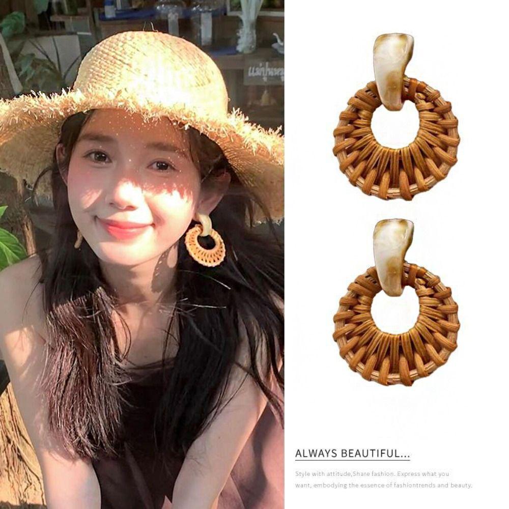 Round Rattan Weave Earrings Wood Geometric Earrings Temperament Bohemian Drop Earrings Party