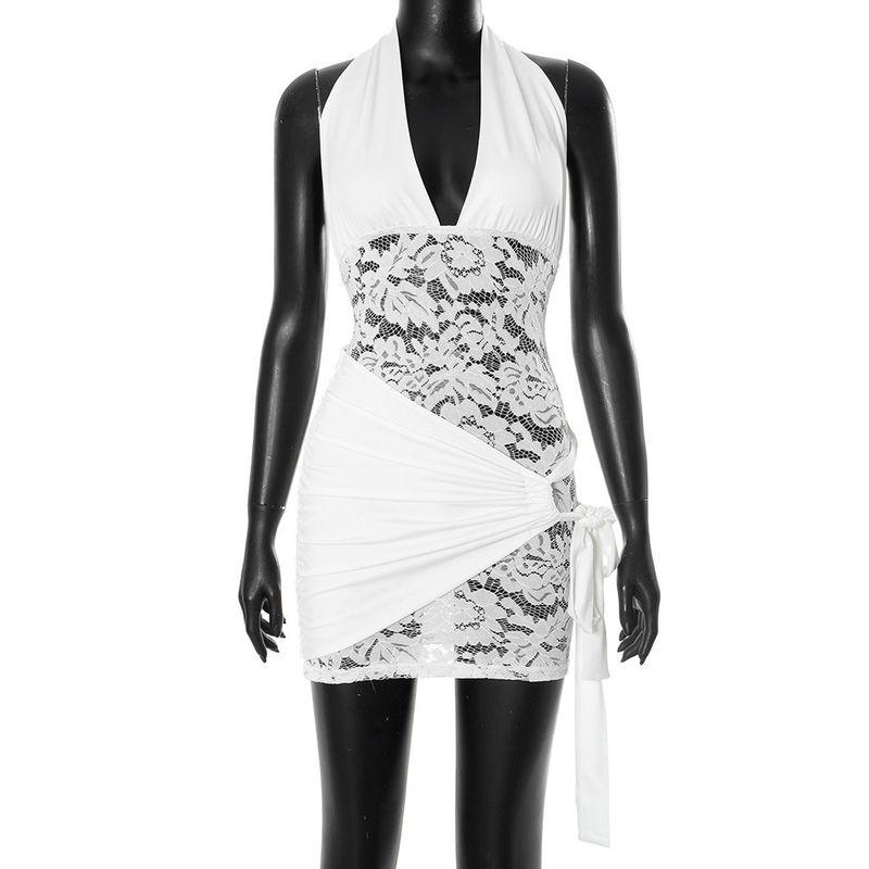 

D25ds148 European and American Women s Clothing Sleeveless Backless Lace Patchwork Lace-up Halterneck Sheath Jumpsuit Skirt White M