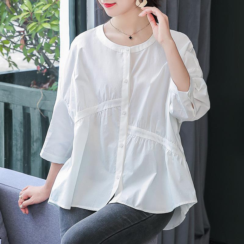 

Белая рубашка с круглым вырезом, асимметричными складками и рукавами три четверти для женщин, летняя новая свободная рубашка-кукла XXL белый