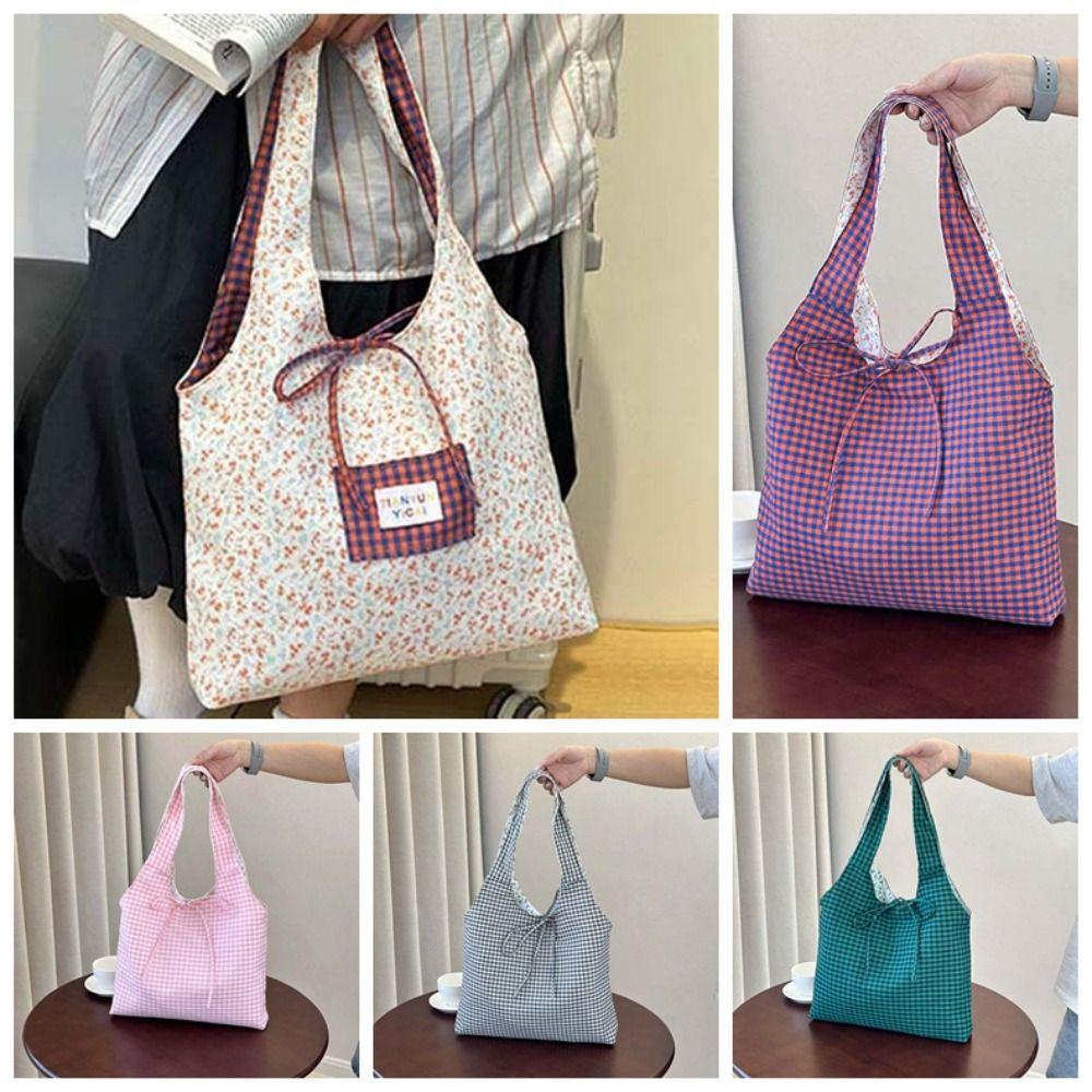 Contrast Color Double-sided Shoulder Pouch Lattice Tote Bag Casual Plaid Cloth Vest Pouch  Storage