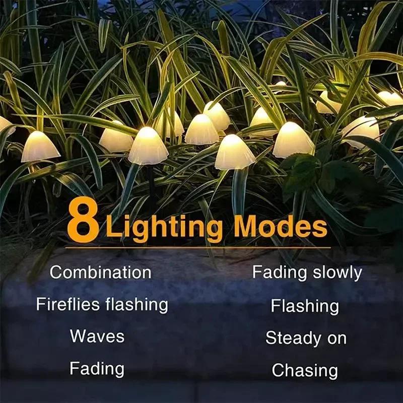 Solar Cute Mushroom Lights with 8 modes of LED Fairy Lights String Outdoor Waterproof Lawn Lights for Garden Decoration Lamp
