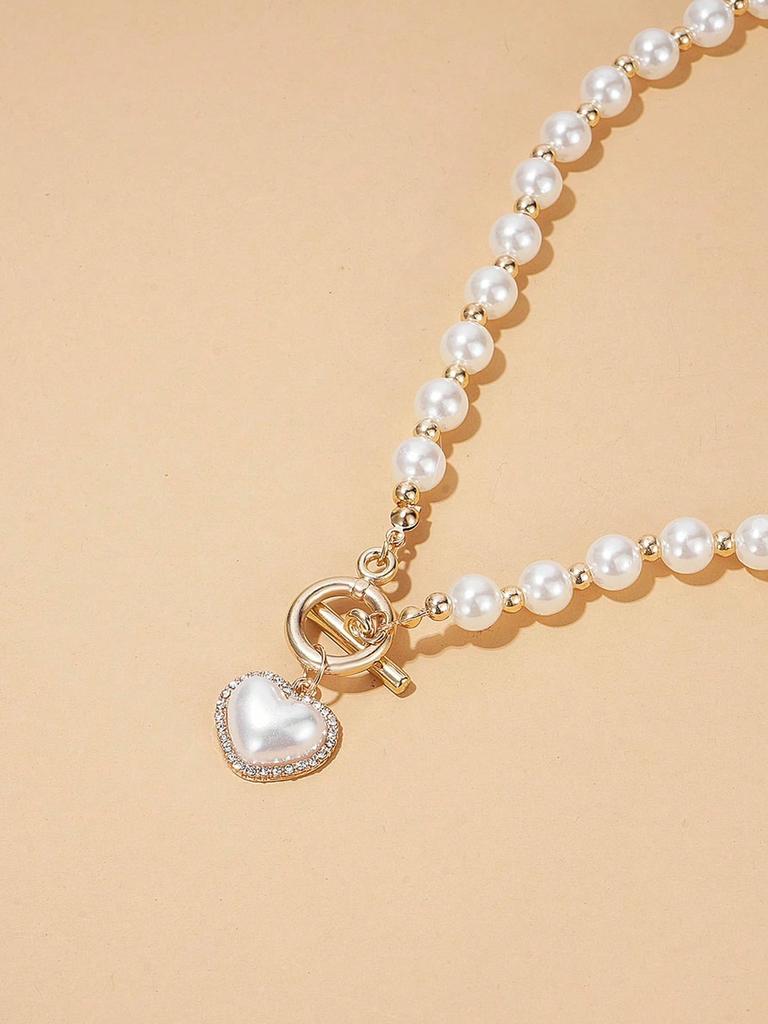 Elegant Faux Pearl Heart Necklace – Minimalist Clavicle Chain With OT Buckle Charm Jewelry, Dainty Valentine's Gift for Women