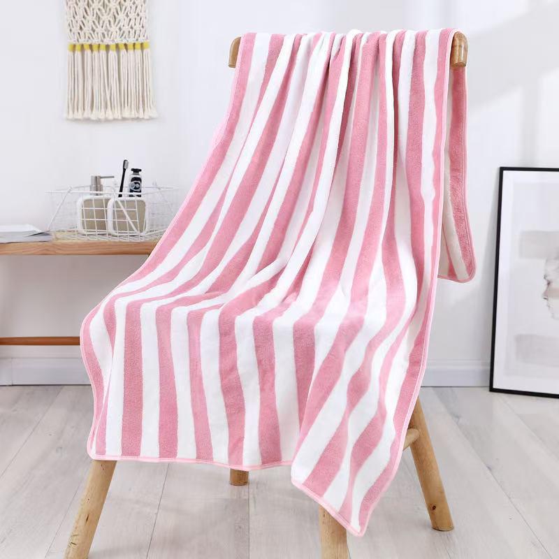 Striped Coral Fleece Bath Towel - Soft, Absorbent, No Shedding.