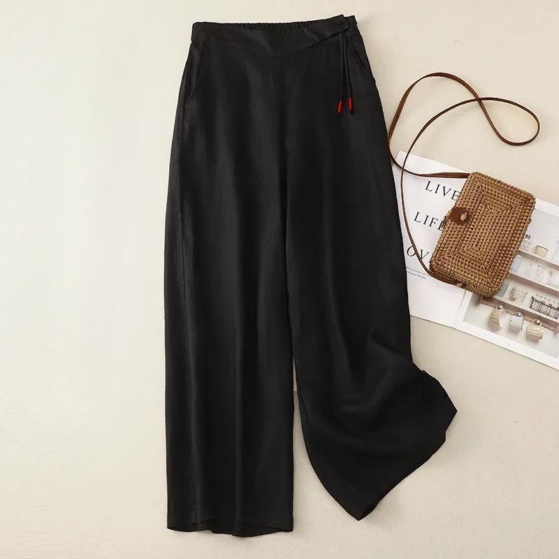 Cotton and Linen Wide-leg Pants Women s Spring and Summer Loose Retro Wide-leg Pants High-waist Casual Pants M чёрный