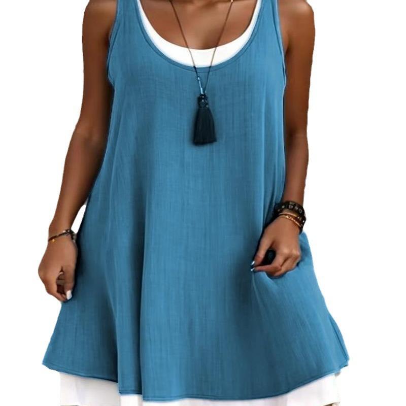Women's Sleeveless Fake Two-Piece Vest Dress, Casual A-Line Midi Dress, Loose Fit, Color Block Patchwork, U-Neck, Cotton Blend