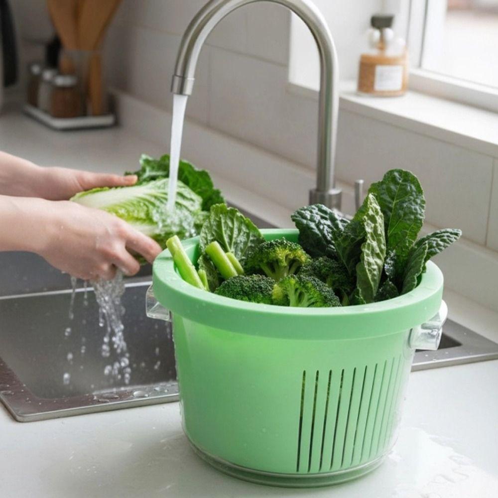 Manual Vegetable Drain Basket Double-layer Large Capacity Fruit Washing Basket Plastic 360°Rotatable Fruit Washing Basin Salad