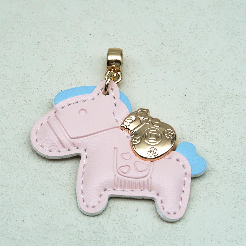 Handmade Genuine Leather Horse Keychain with Anti-Lost Lanyard and Woven Rope.