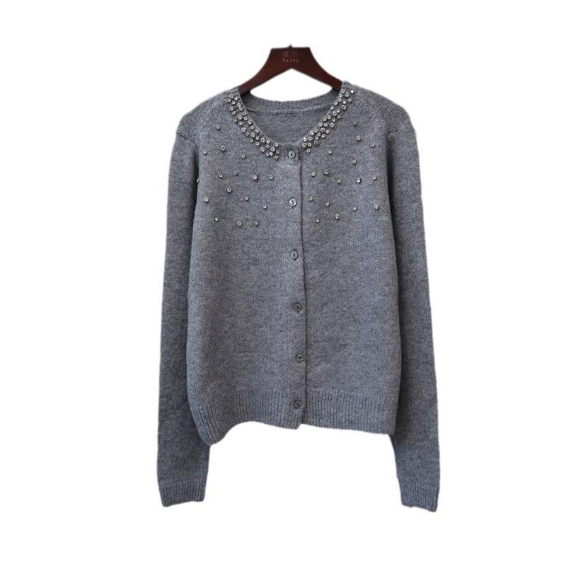 Heavy Industry Diamond-encrusted Design Sweater Jacket Autumn and Winter New Round Neck Temperament Single-breasted Knitted Cardigan Women