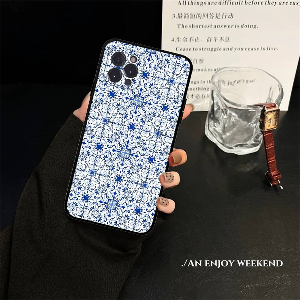 Portuguese Glazed Tiles Phone Case For IPhone 17 16 15 14 13 12 11 Pro Max Plus Mini Soft Black Cover iPhone 17pro max
