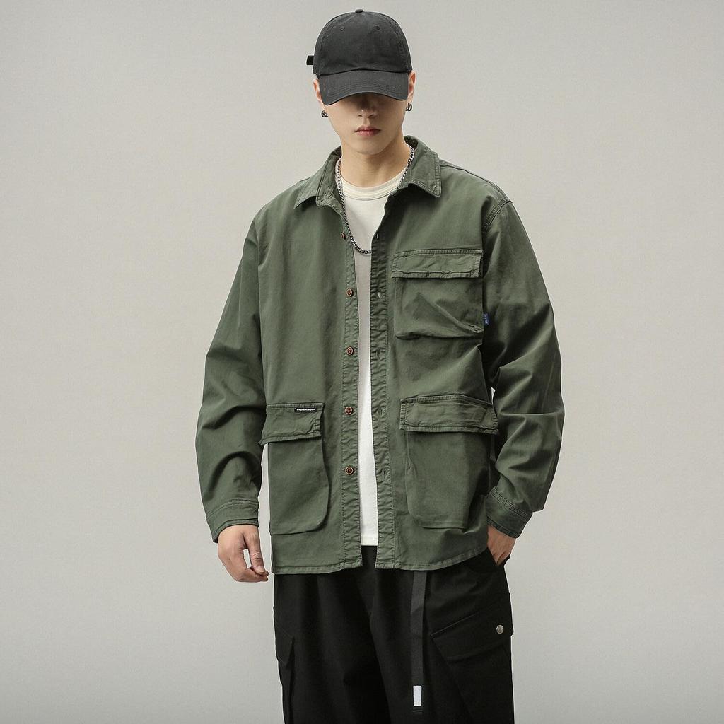 [FJSSLHXK] Men's Work Shirt, Long Sleeve, Cotton, Cargo Shirt, Military Style, Multi-Pocket, Army, Button Closure, Fold-over Collar, Loose Fit, Autumn