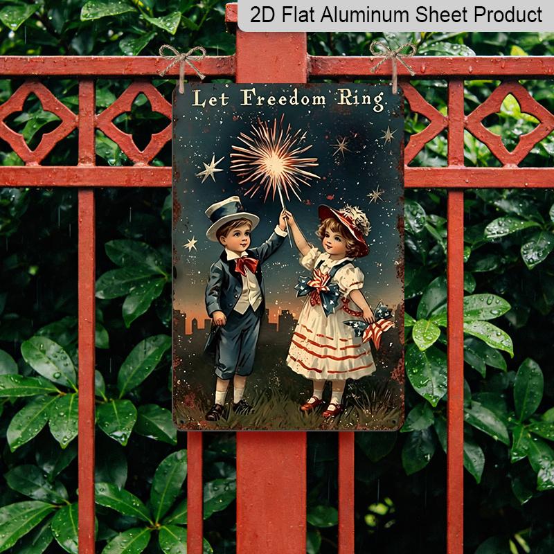 2D Flat "Let Freedom Ring" Vintage Kids Sparkler Aluminum Sign - 4th of July Wall Decor 4th of July Party, Independence Day Decor, Vintage Patriotic