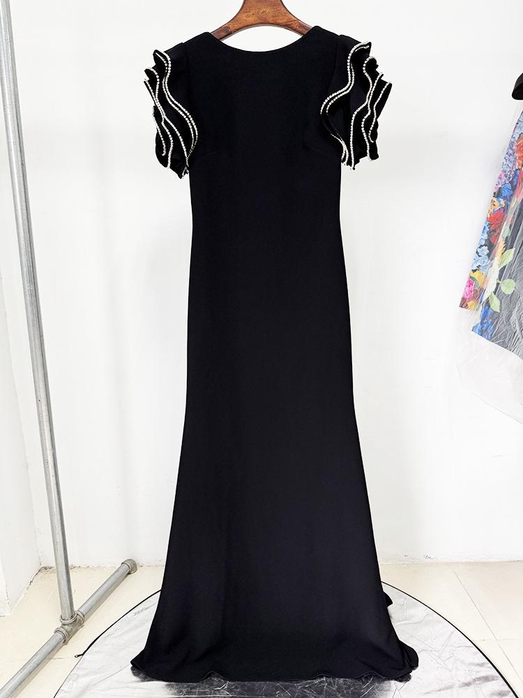 2025 European & American Designer Rhinestone Ruffle Sleeve Backless Floor-Length Gown