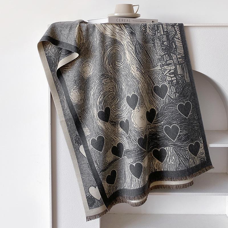 Imitation Cashmere Love Pattern Retro Style Texture Printing Thickened Warm Scarf Shawl
