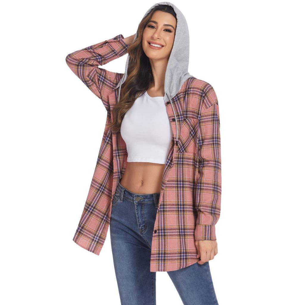 GMXIA Plaid Print Autumn Winter Women's Fall Winter Hoodie Breasted Casual Shirt Jackets & Coats