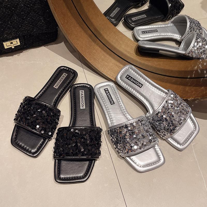 New Summer One-word Slippers Women's Summer Fashion Outer Wear Temperament Black Elegant Rhinestone Thick Heel Square Head Cool Slippers