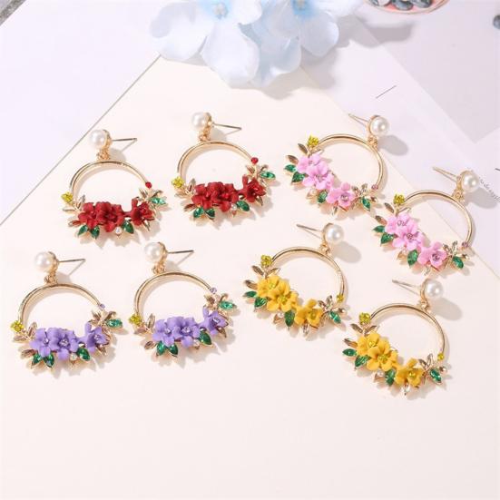 1 Pair Drop Earrings Round Circle Temperament Shiny Rhinestone Inlaid Faux Pearl Decorative Gifts Women Cute Flower Pendant Stud Earrings Jewelry for