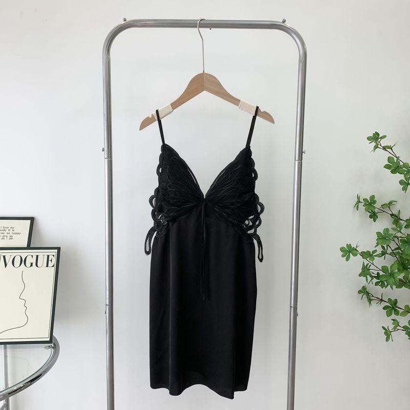 

Pajamas with Chest Pad Young Adult Butterfly Lace Beautiful Back Sexy Sling Dress Pure Desire Pajamas Women s Homewear Slip Nightdress Black 165(L)