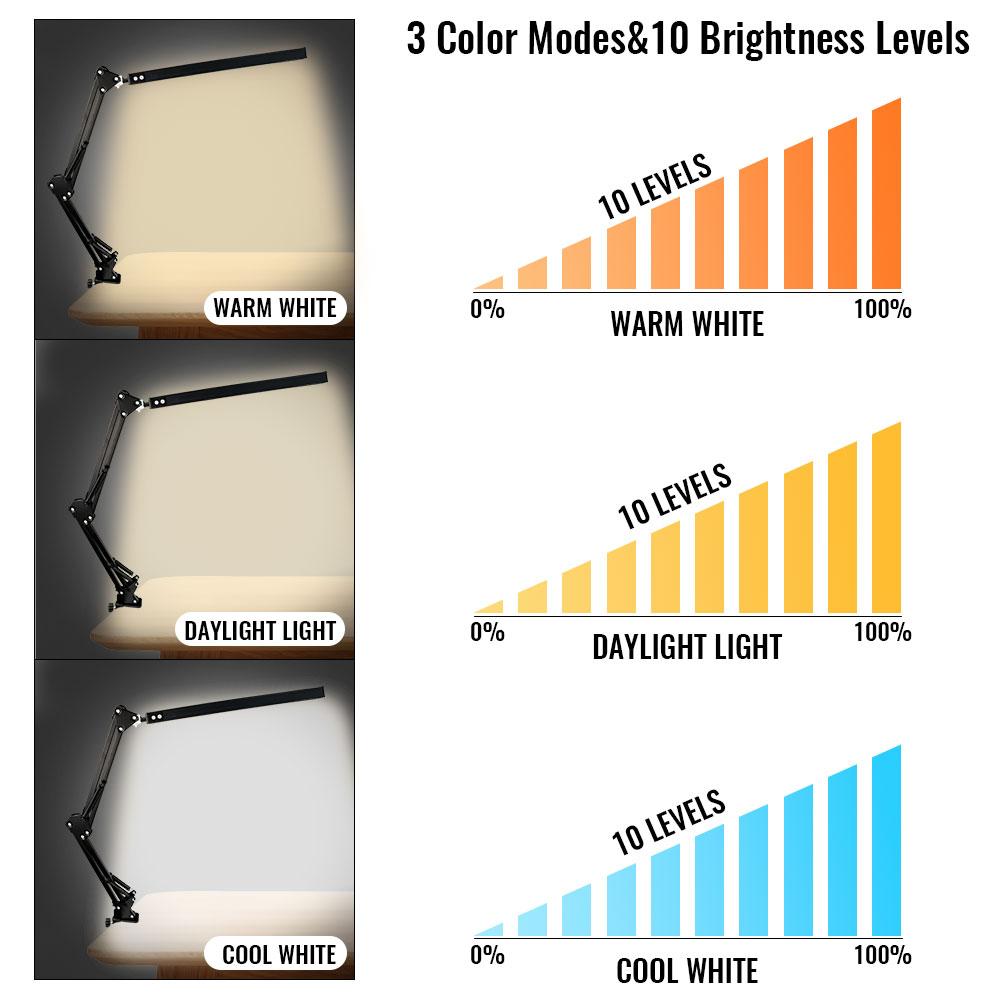 LED skládací kovová stolní lampa Klip na světelnou svorku Stmívací stolní lampa s dlouhým ramenem 3 barvy nastavitelné pro počítače v obývacím pokoji