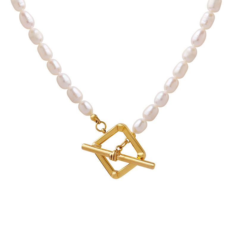 Oval Beaded Natural Growth Freshwater Pearl Fashionable Temperament Necklace Female, Titanium Steel Gold-Plated T-Buckle Exquisite Necklace