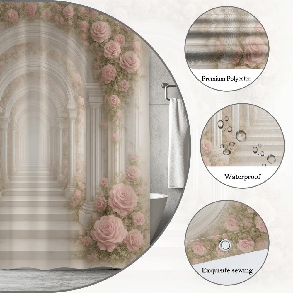 Romantischer Rosenbogen Duschvorhang Rosa Blumen Klassische Säulen Elegantes Palast Design Traumhafte Badezimmerdekoration Wasserdicht