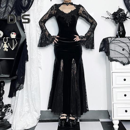 Women Cosplay Dress Dark Style Halloween Party Costume Lace Patchwork Flower Embroidery Fish Tail Hem Long Sleeves Tight Waist A-line Performance