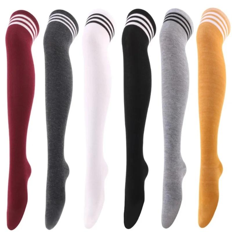 New 1Pair Sexy Long Socks Solid Color Striped Women Over Knee Thigh High Over The Knee Stockings Ladies Girls Warm Knee Socks