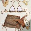 Brown Fishnet 3 Piece Bikini Set with Seashell Decor & Cover Up Skirt
