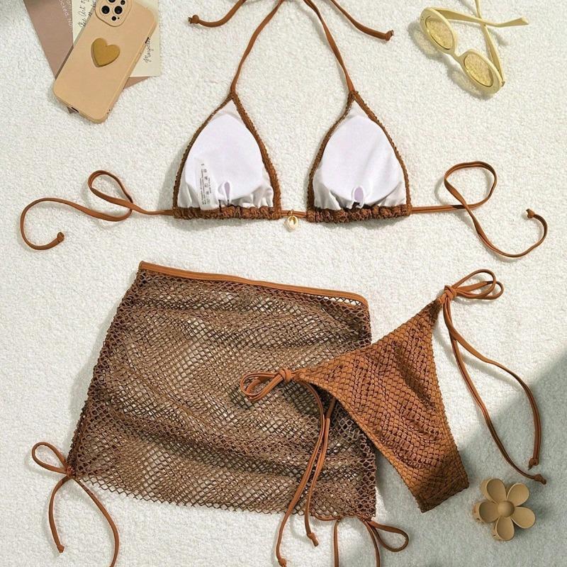 Brown Fishnet 3 Piece Bikini Set with Seashell Decor & Cover Up Skirt