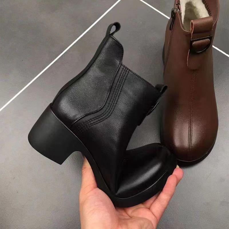 Women's Large Size Leather Soft Sole Increased Height Winter Warm Fur Snow Boots Padded Lined Ankle Boots Non-Slip Hiking Casual Sports Martin Boots