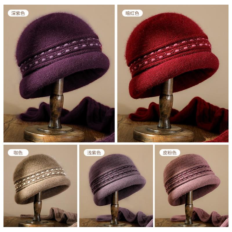 Middle-aged knitted hat women's autumn and winter old lady hat elderly outdoor piled thickened warm wool hat