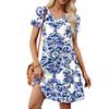 Women's Petal Short Sleeve V Neck Loose Floral Print Swing Sundress With Pockets