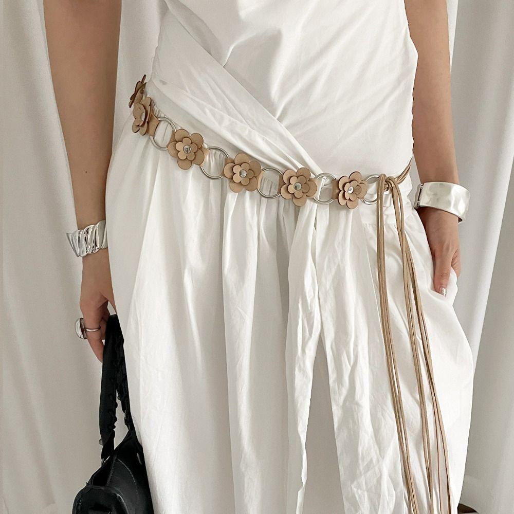 Double Small Flowers PU Leather Belt Adjustable Strap Waist Rope New Waistchain  Women Girls