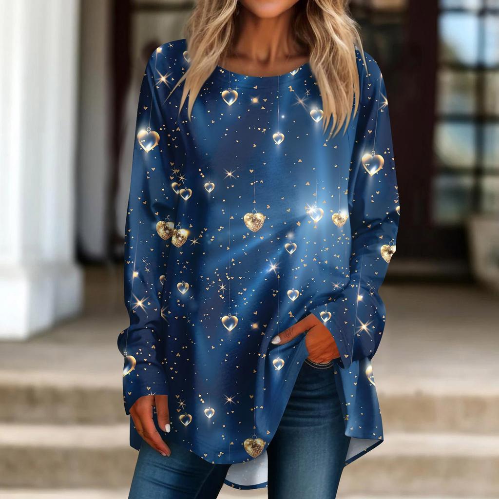 Damen Locker Bedrucktes Rundhals Langarm T-Shirt Top Pullover Langarmtop