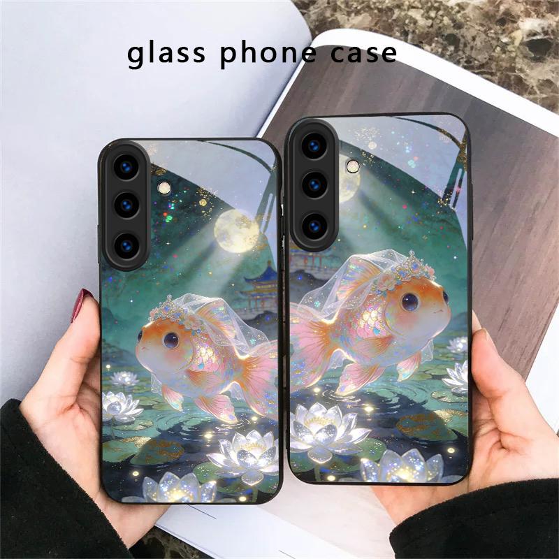 Милый золотой рыбка вуалехвост Для Samsung Galaxy S20 S21 S22 S23 Plus S24 FE S25 Ultra S26 Edge S25+ S20+ S22+ Черный стеклянный чехол для телефона