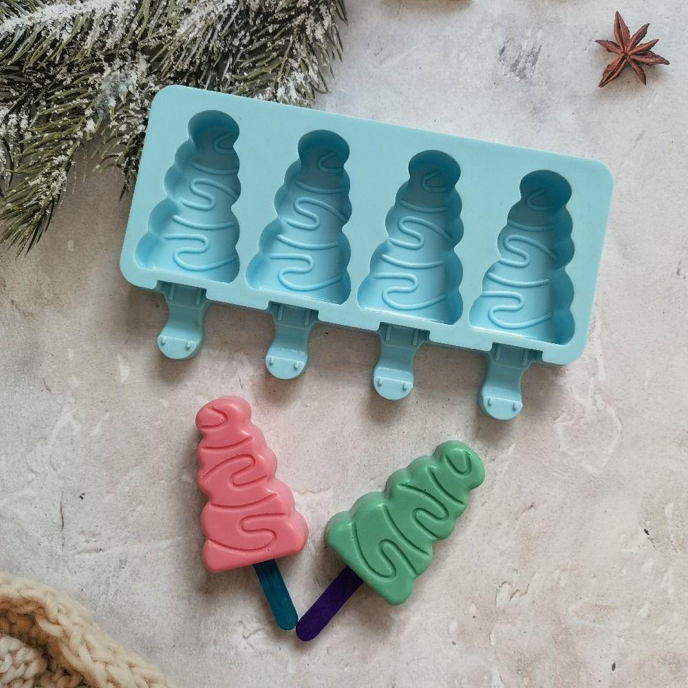 Non Stick Christmas Tree Ice Pop Mold 4-Cavity Ice Cube Tray Silicone Ice Cream Mold  Baking Tools
