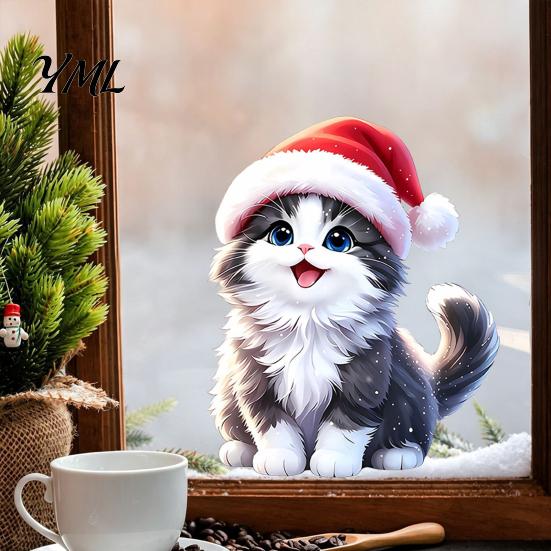 Festive Home Accents Christmas Cat Window Sticker, Cute Kitten Static Cling, Removable Reusable Clings Waterproof Holiday PVC Decal for Living